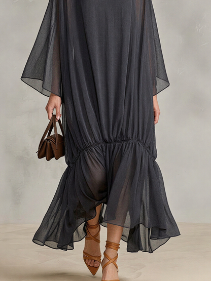 Women's Dark Gray Sheer Chiffon Maxi Dress With Turtleneck Cape Batwing Sleeves & Ruched Ruffle Hem, Minimalist Elegant Oversized Flowy Maxi Dress