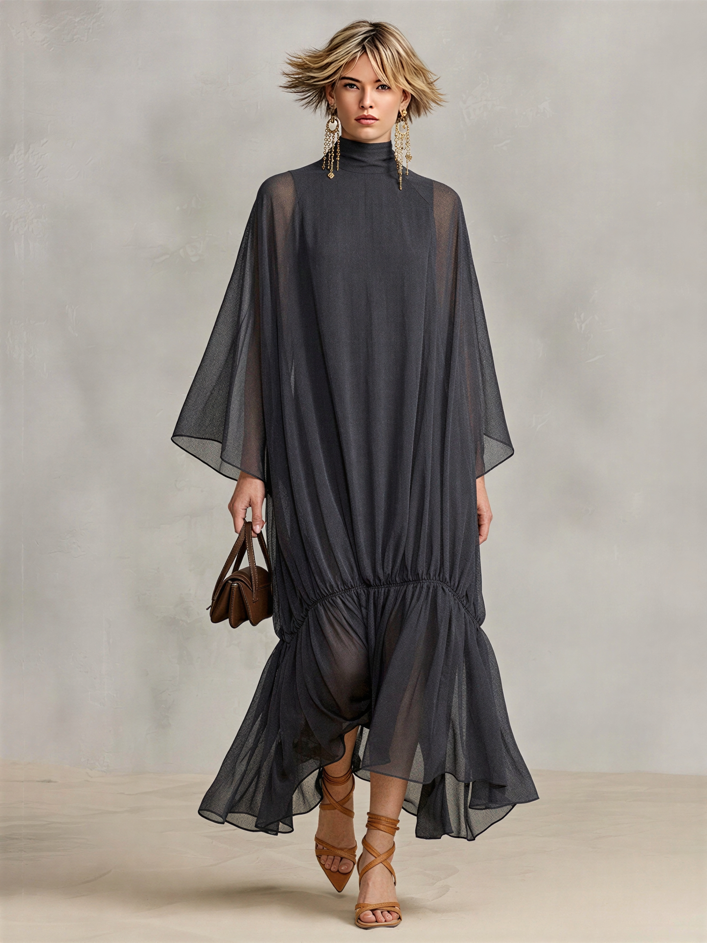 Women's Dark Gray Sheer Chiffon Maxi Dress With Turtleneck Cape Batwing Sleeves & Ruched Ruffle Hem, Minimalist Elegant Oversized Flowy Maxi Dress