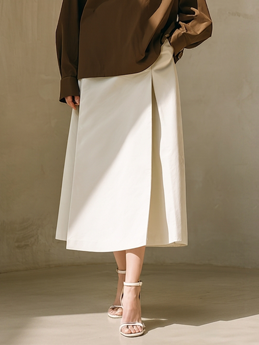 Women's Coffee & Ivory Cotton Two-Piece Set With Oversized Chest Pocket Shirt & High Waist A-Line Midi Skirt, Minimalist Neutral Smart Casual Matching Outfit