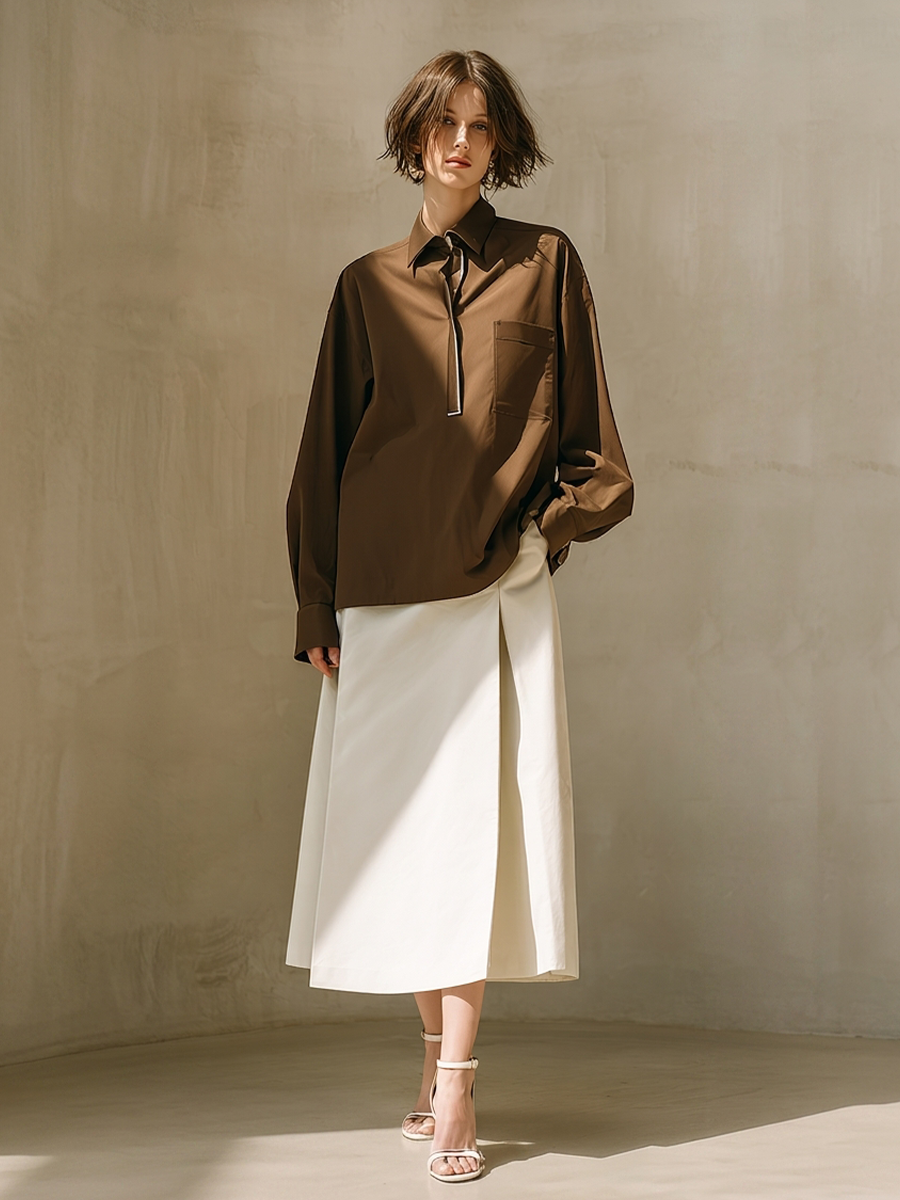 Women's Coffee & Ivory Cotton Two-Piece Set With Oversized Chest Pocket Shirt & High Waist A-Line Midi Skirt, Minimalist Neutral Smart Casual Matching Outfit
