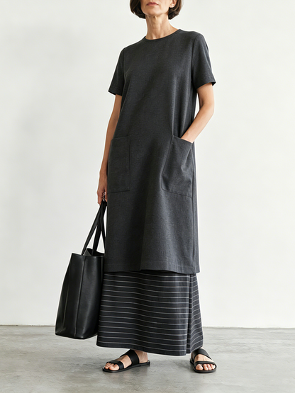 Women's Minimalist Color-Block Striped Short-Sleeve Maxi Dress