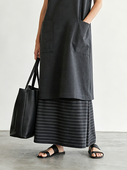 Women's Minimalist Color-Block Striped Short-Sleeve Maxi Dress