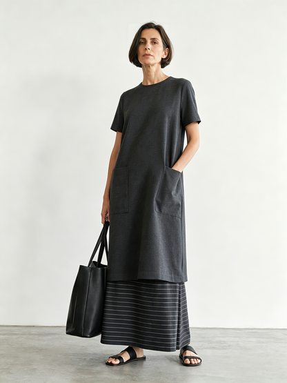 Women's Minimalist Color-Block Striped Short-Sleeve Maxi Dress