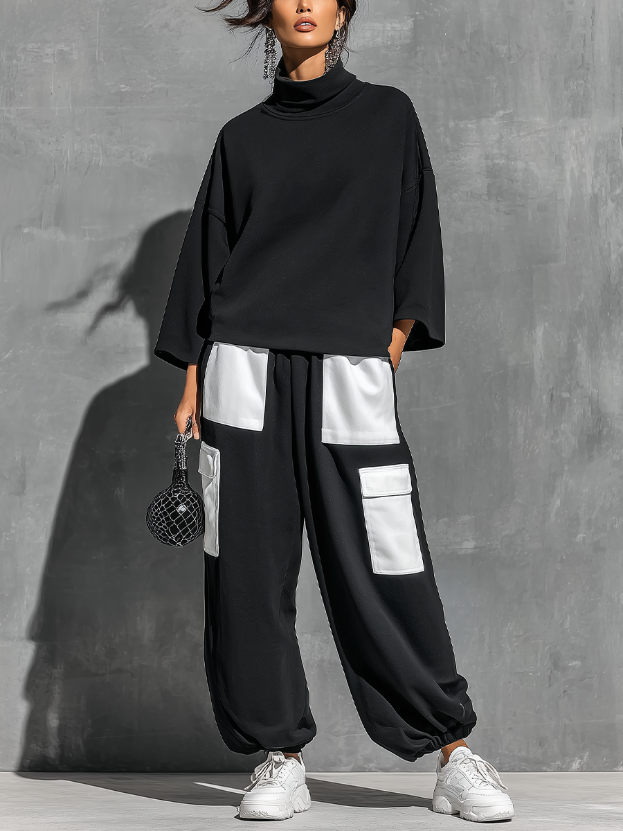 Women’s Black French Terry Oversized High Neck 3/4 Sleeve Sweatshirt & Elastic Cuff Color Block White Patch Pocket Jogger Cargo Pants Two Piece Tracksuit Set