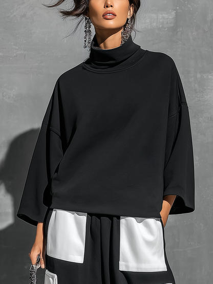 Women’s Black French Terry Oversized High Neck 3/4 Sleeve Sweatshirt & Elastic Cuff Color Block White Patch Pocket Jogger Cargo Pants Two Piece Tracksuit Set