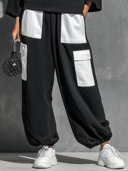Women’s Black French Terry Oversized High Neck 3/4 Sleeve Sweatshirt & Elastic Cuff Color Block White Patch Pocket Jogger Cargo Pants Two Piece Tracksuit Set