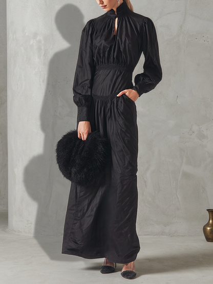 Women's All-Black Cotton-Blend Maxi Dress With Ruched Cinched Torso & Cuff Button Sleeves, Versatile Formal Occasion Flowy Maxi Dress