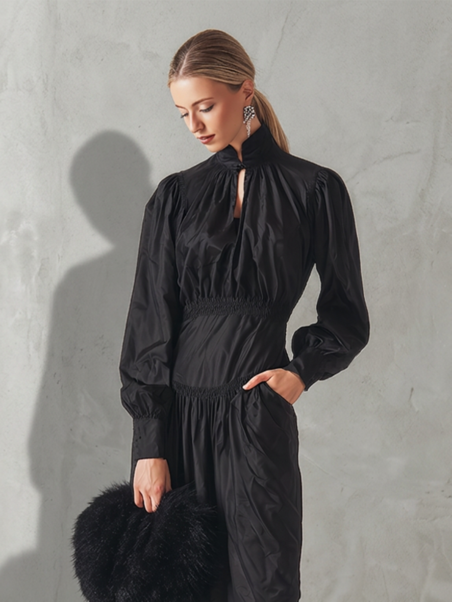 Women's All-Black Cotton-Blend Maxi Dress With Ruched Cinched Torso & Cuff Button Sleeves, Versatile Formal Occasion Flowy Maxi Dress
