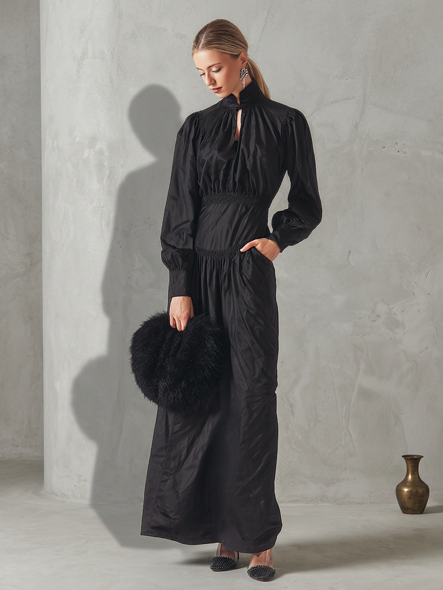 Women's All-Black Cotton-Blend Maxi Dress With Ruched Cinched Torso & Cuff Button Sleeves, Versatile Formal Occasion Flowy Maxi Dress