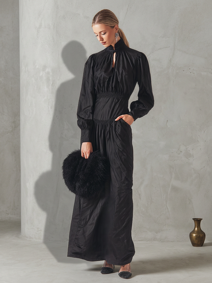 Women's All-Black Cotton-Blend Maxi Dress With Ruched Cinched Torso & Cuff Button Sleeves, Versatile Formal Occasion Flowy Maxi Dress