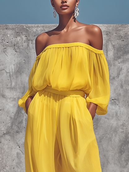 Women’s Bright Yellow Crinkled Chiffon Off Shoulder Bubble Three Quarter Sleeve Self Tie Waist Wide Leg Pants Two Piece Vacation Set