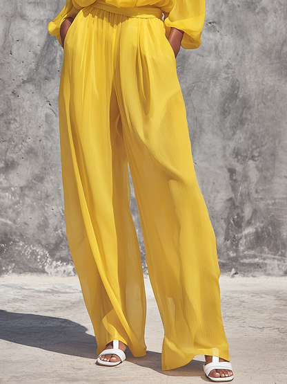 Women’s Bright Yellow Crinkled Chiffon Off Shoulder Bubble Three Quarter Sleeve Self Tie Waist Wide Leg Pants Two Piece Vacation Set