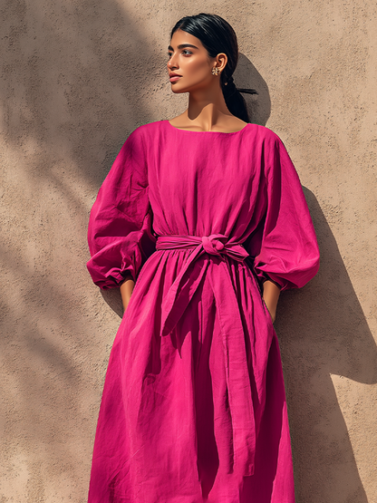 Women's Fuchsia Textured Cotton-Blend Maxi Gown With Cuffed Lantern Sleeves & Side Hand Pockets, Minimalist Effortless-Chic Summer Maxi Dress
