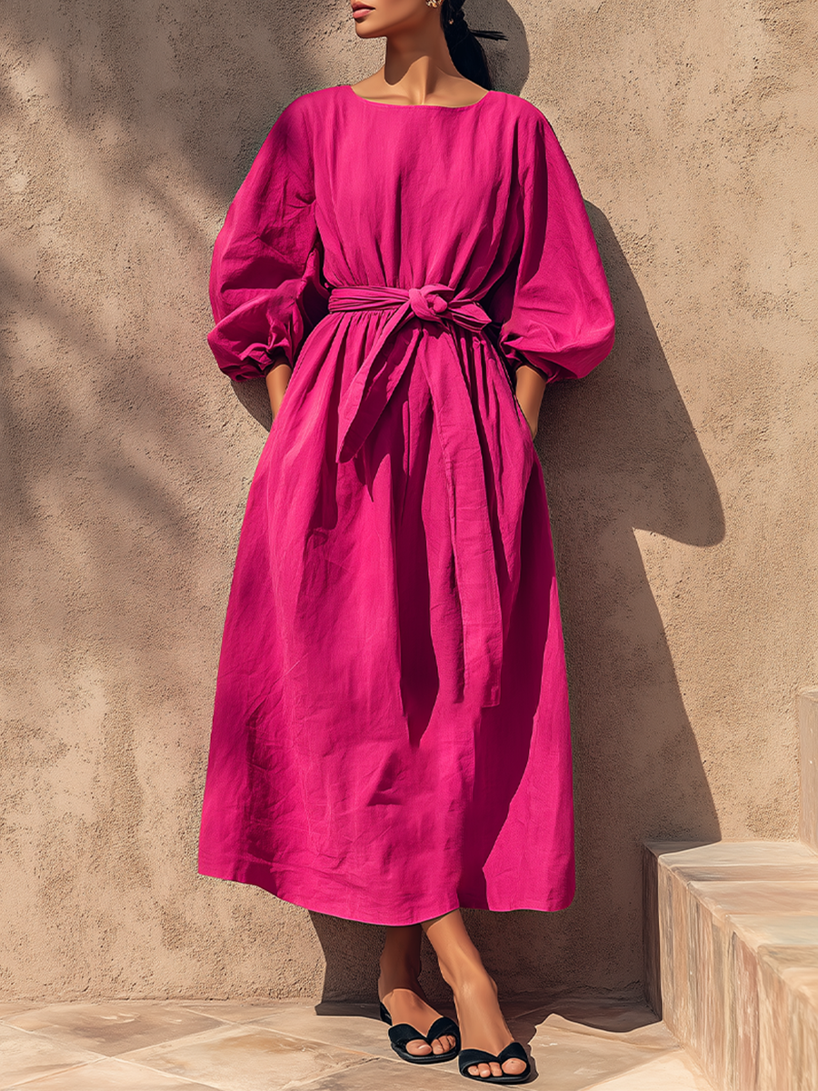 Women's Fuchsia Textured Cotton-Blend Maxi Gown With Cuffed Lantern Sleeves & Side Hand Pockets, Minimalist Effortless-Chic Summer Maxi Dress