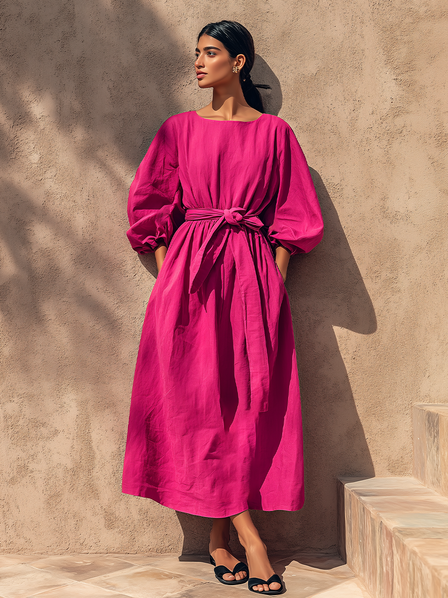 Women's Fuchsia Textured Cotton-Blend Maxi Gown With Cuffed Lantern Sleeves & Side Hand Pockets, Minimalist Effortless-Chic Summer Maxi Dress