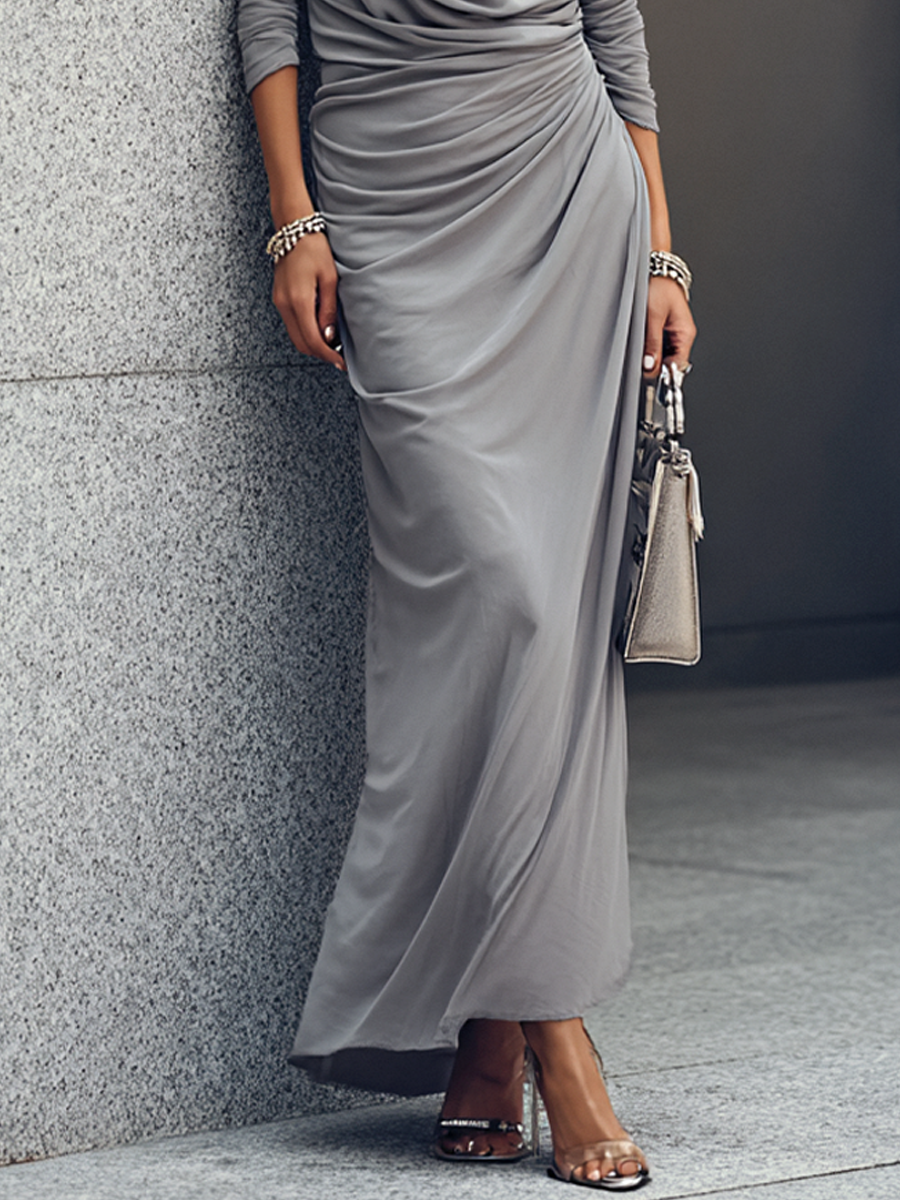 Women's Luxury Workwear Style Mist Grey Cotton Blend Cowl Neck Long Sleeve Side Ruched Maxi Dress