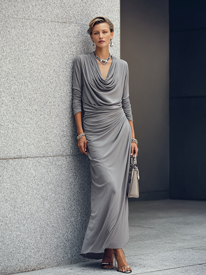 Women's Luxury Workwear Style Mist Grey Cotton Blend Cowl Neck Long Sleeve Side Ruched Maxi Dress