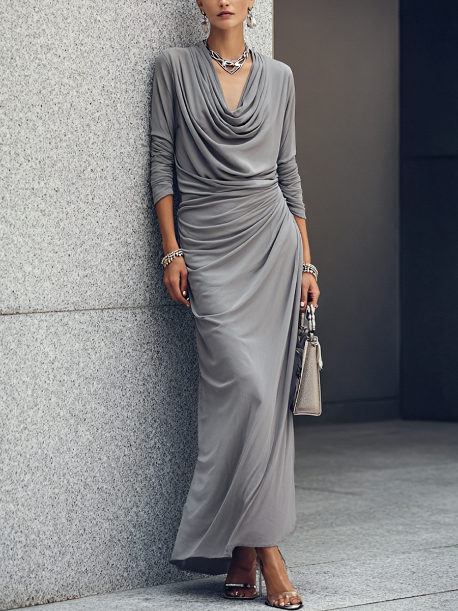 Women's Luxury Workwear Style Mist Grey Cotton Blend Cowl Neck Long Sleeve Side Ruched Maxi Dress