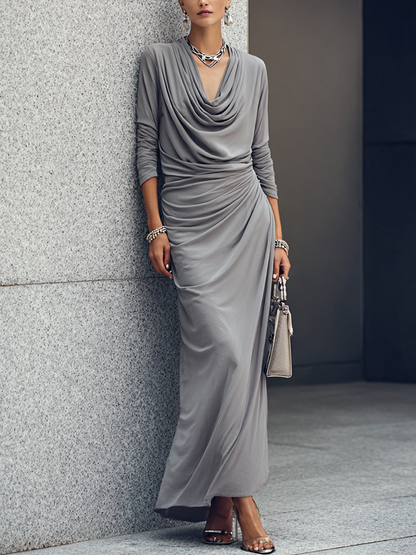 Women's Luxury Workwear Style Mist Grey Cotton Blend Cowl Neck Long Sleeve Side Ruched Maxi Dress