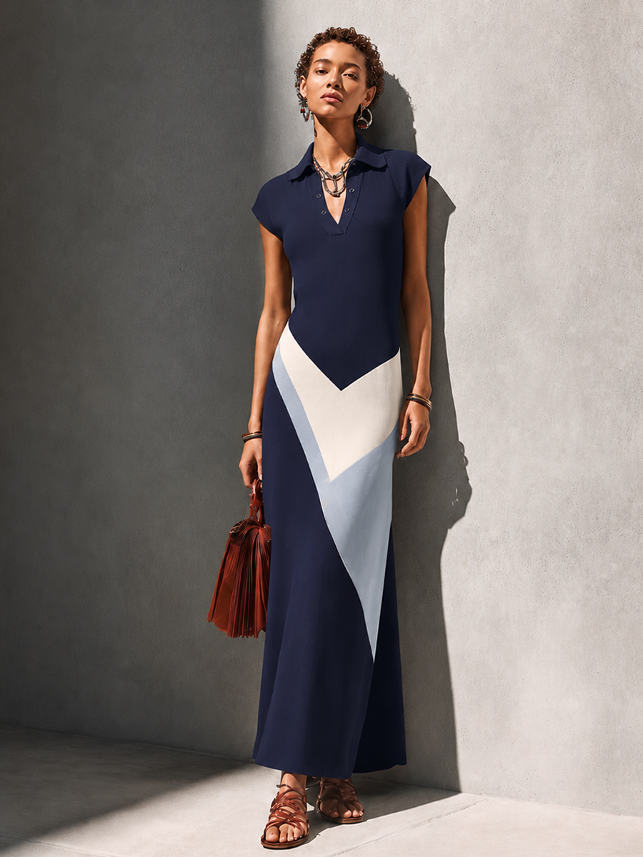 Women’s Minimalist Commuter Navy Blue Cotton Blend Polo Collar Short-Sleeved V-Neck Color-Blocked Long Knit Dress
