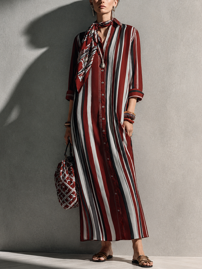 Women's Retro Casual Burgundy Cotton Blend Collared Three-Quarter Sleeve Color-Blocked Vertical Striped Long Shirt Dress