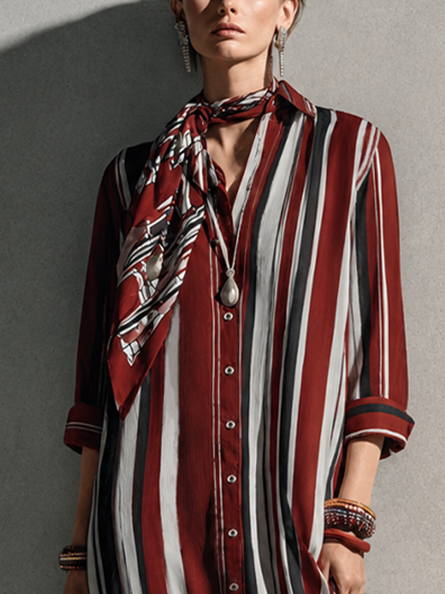 Women's Retro Casual Burgundy Cotton Blend Collared Three-Quarter Sleeve Color-Blocked Vertical Striped Long Shirt Dress