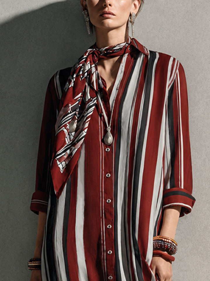 Women's Retro Casual Burgundy Cotton Blend Collared Three-Quarter Sleeve Color-Blocked Vertical Striped Long Shirt Dress