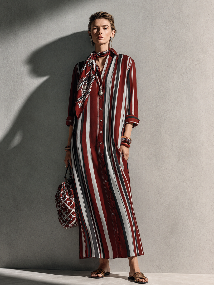 Women's Retro Casual Burgundy Cotton Blend Collared Three-Quarter Sleeve Color-Blocked Vertical Striped Long Shirt Dress
