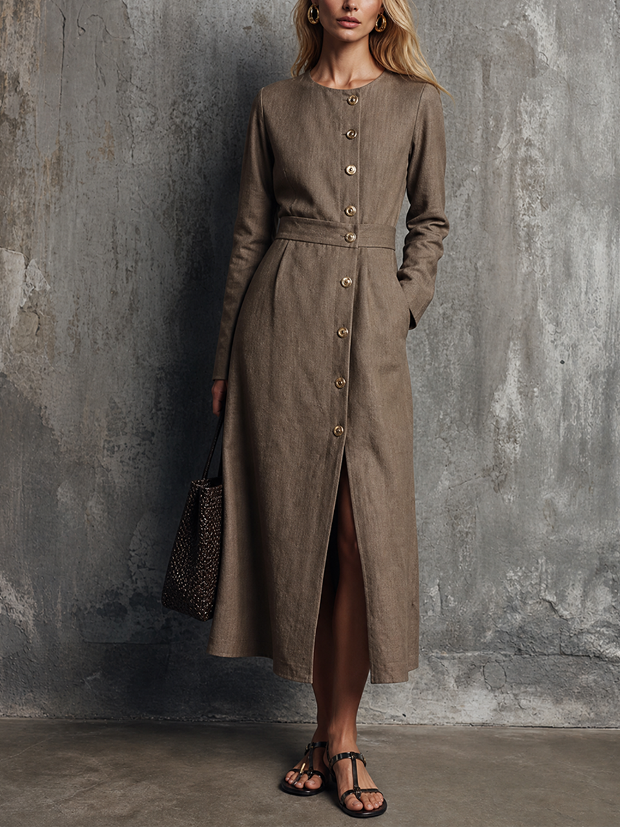 Women's Light Luxury Style Brown Cotton Linen Round Neck Long Sleeve Single-Breasted Slit Midi Dress