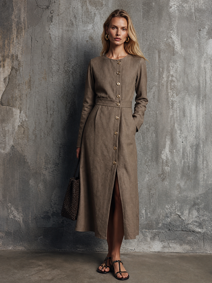 Women's Light Luxury Style Brown Cotton Linen Round Neck Long Sleeve Single-Breasted Slit Midi Dress