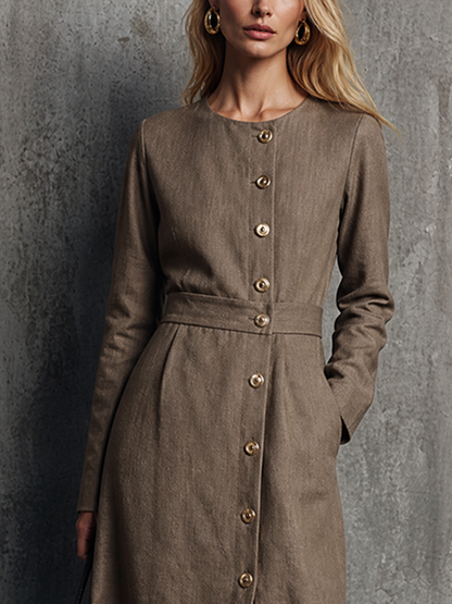 Women's Light Luxury Style Brown Cotton Linen Round Neck Long Sleeve Single-Breasted Slit Midi Dress