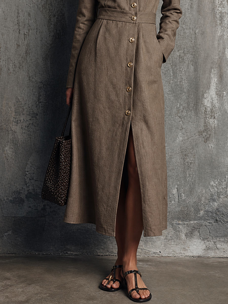 Women's Light Luxury Style Brown Cotton Linen Round Neck Long Sleeve Single-Breasted Slit Midi Dress