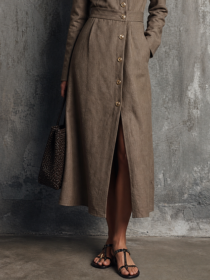Women's Light Luxury Style Brown Cotton Linen Round Neck Long Sleeve Single-Breasted Slit Midi Dress