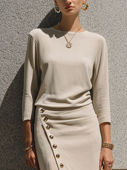 Women's Minimalist Workwear Style Oat Cotton Blend Crew Neck 3/4 Sleeve Side Button Slit Midi Skirt Set