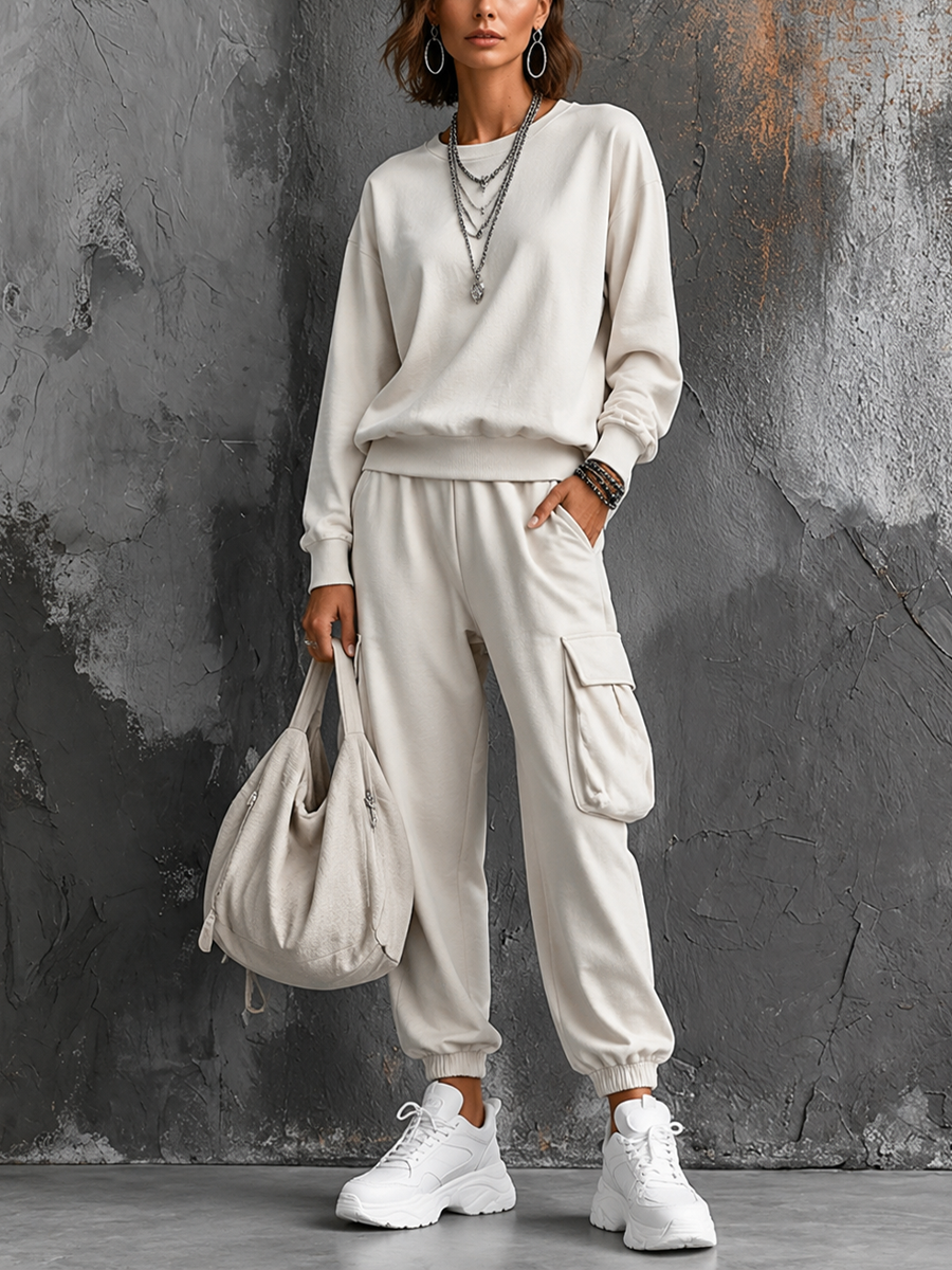 Women's Casual Street Style Off-White Cotton Blend Crew Neck Long-Sleeve Sweatshirt And Cargo Pocket Jogger Pants Set