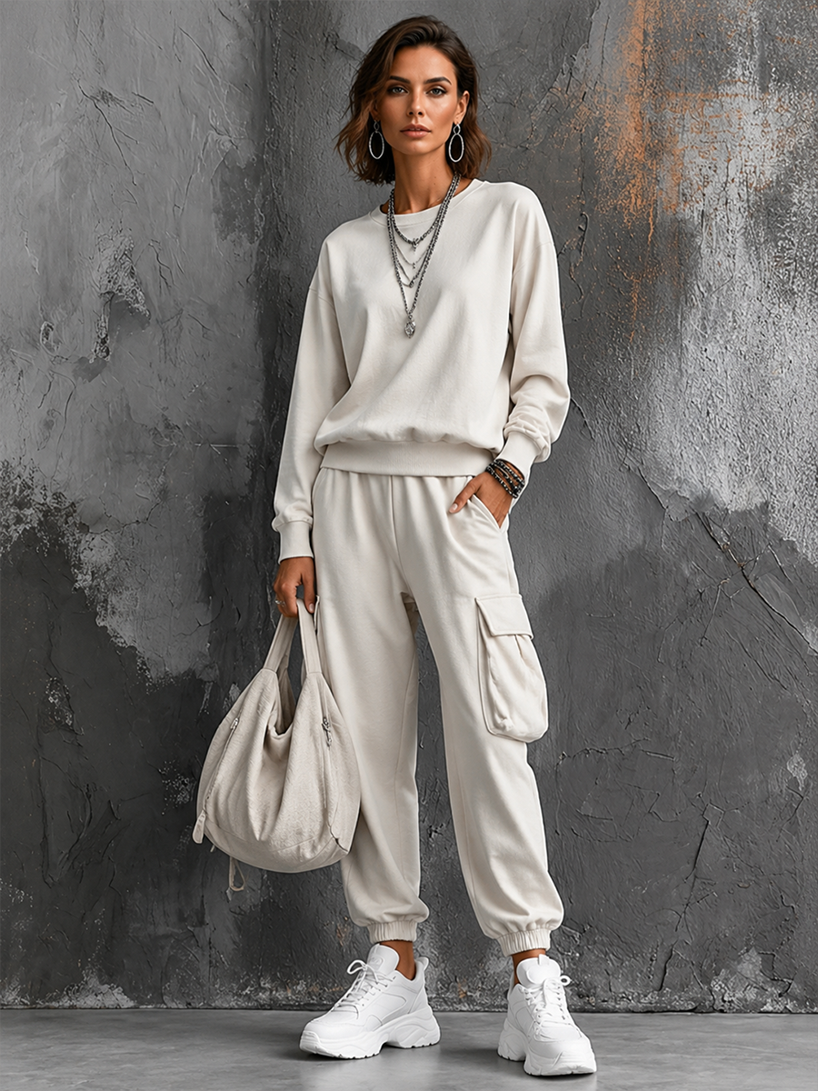 Women's Casual Street Style Off-White Cotton Blend Crew Neck Long-Sleeve Sweatshirt And Cargo Pocket Jogger Pants Set