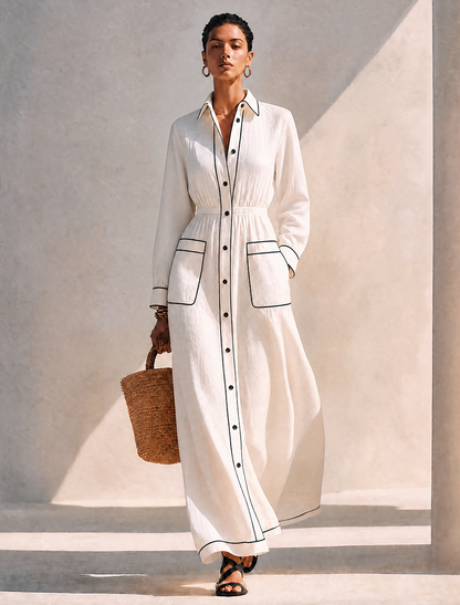 Women's Minimalist Pure White Linen Shirt Dress With Contrast Piping