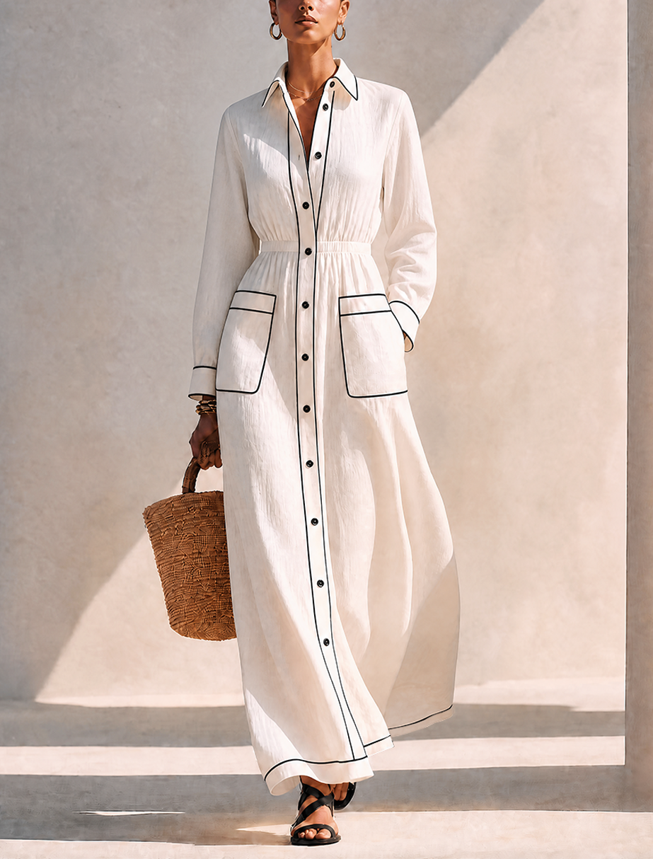 Women's Minimalist Pure White Linen Shirt Dress With Contrast Piping