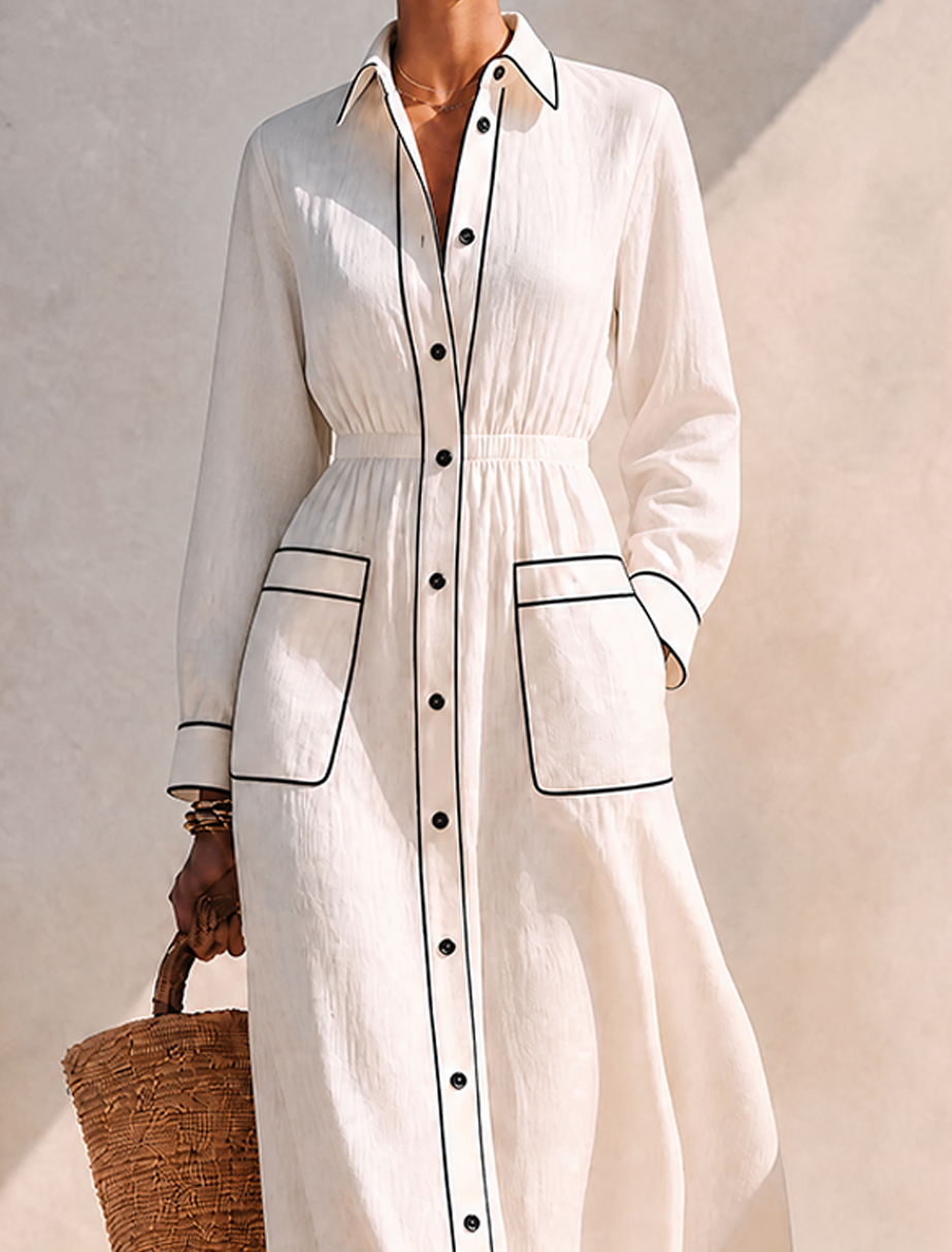 Women's Minimalist Pure White Linen Shirt Dress With Contrast Piping