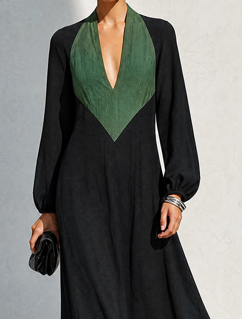 Women's Minimalist Black & Green Color-Block Linen Maxi Dress