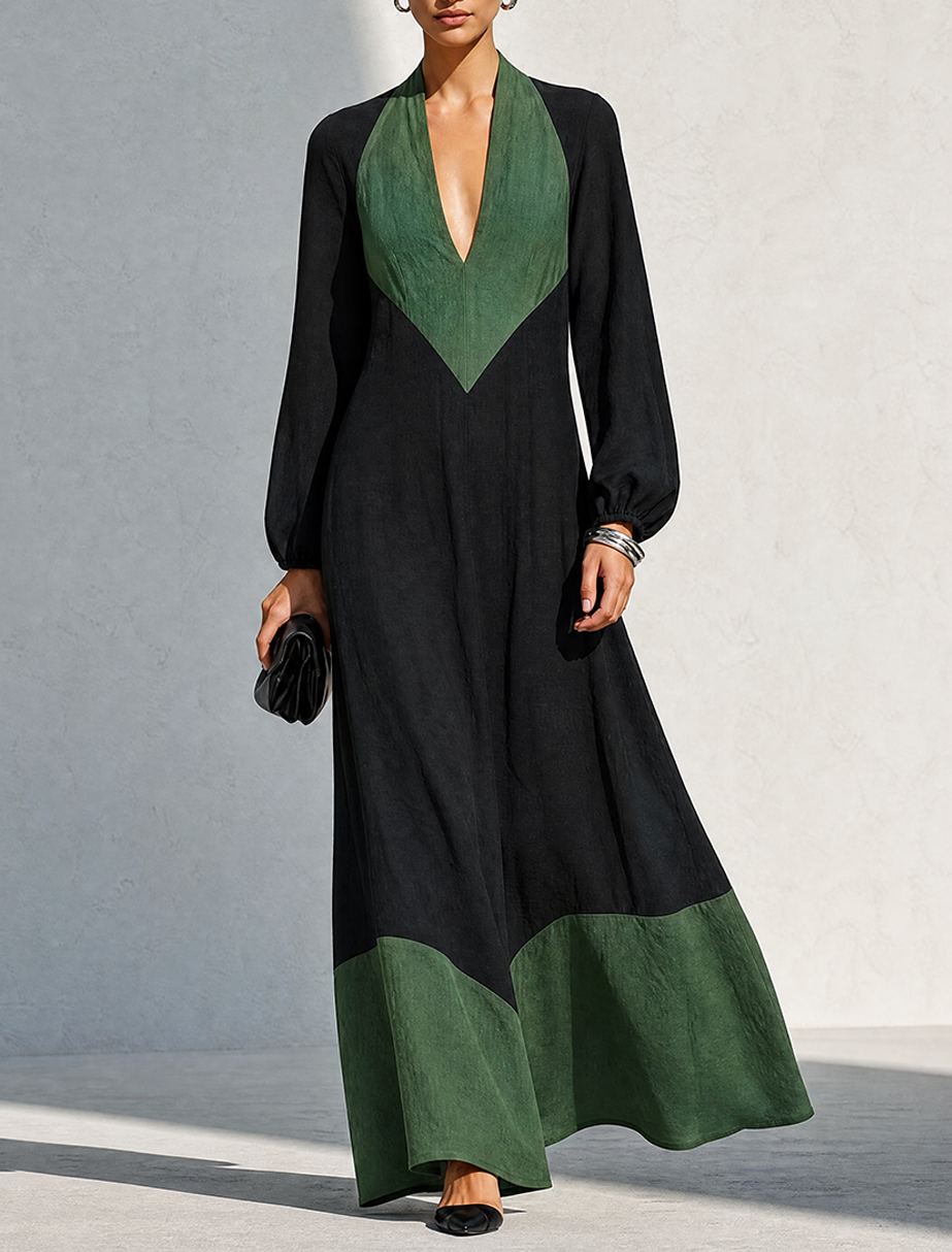 Women's Minimalist Black & Green Color-Block Linen Maxi Dress