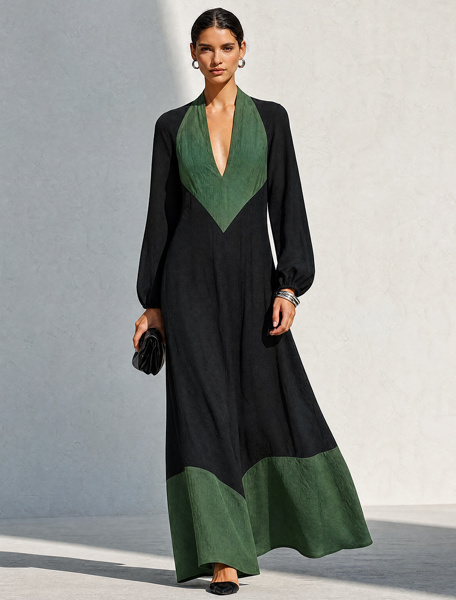 Women's Minimalist Black & Green Color-Block Linen Maxi Dress