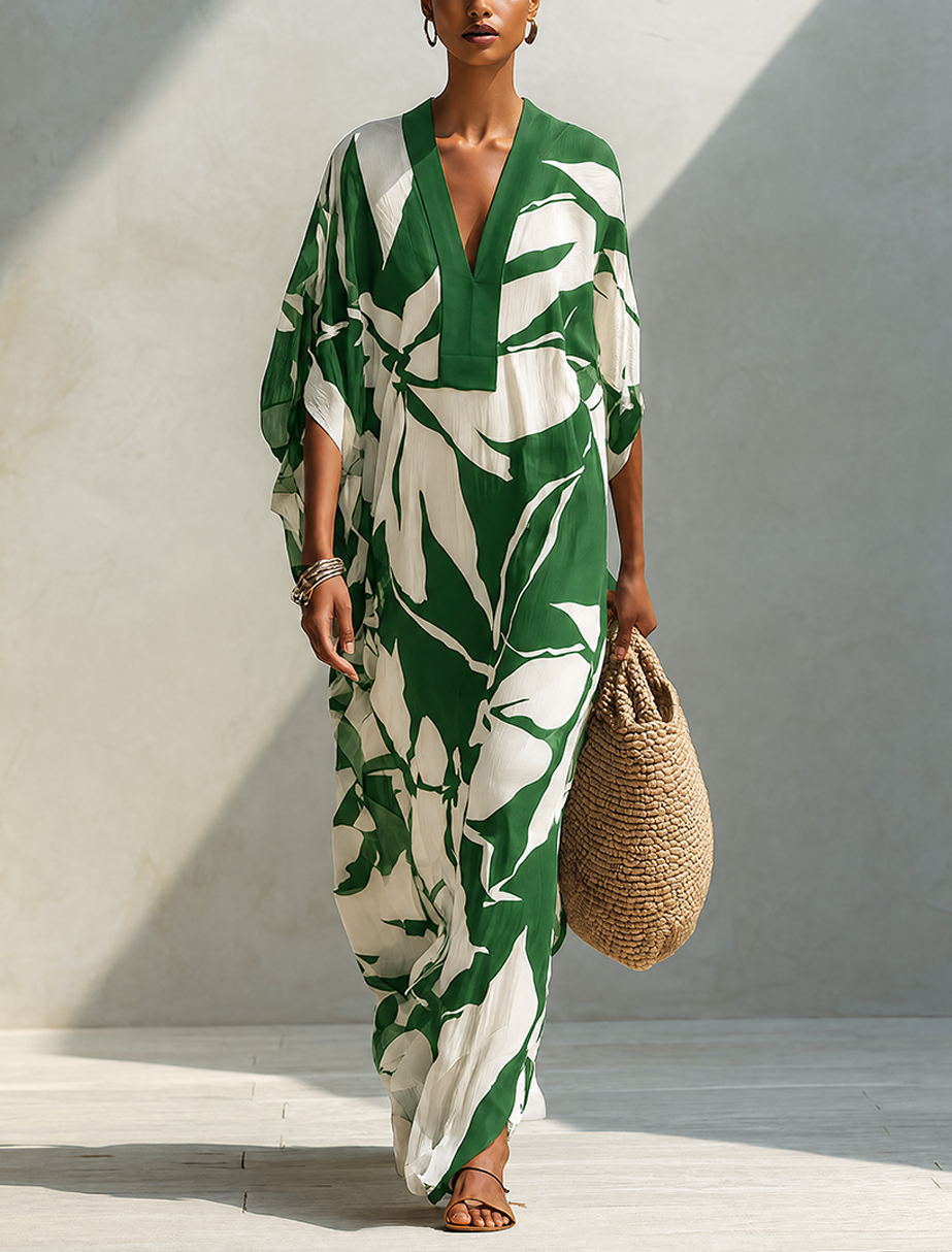 Women's Resort Style White Linen Long Dress With Green Leaf Print