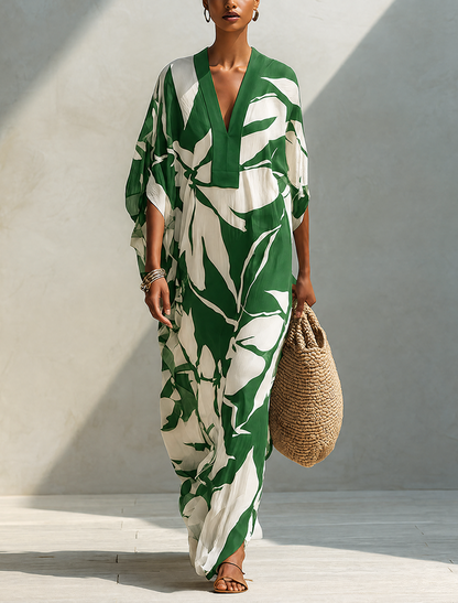 Women's Resort Style White Linen Long Dress With Green Leaf Print