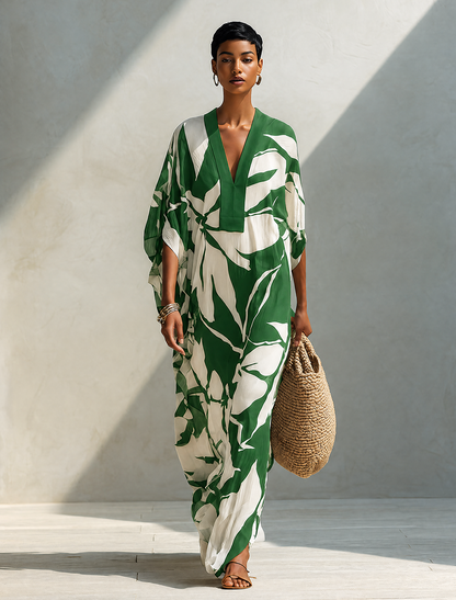 Women's Resort Style White Linen Long Dress With Green Leaf Print