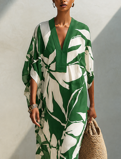 Women's Resort Style White Linen Long Dress With Green Leaf Print