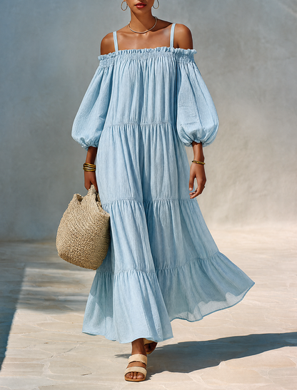 Women's Minimalist Solid Light Blue Linen Off-Shoulder Maxi Dress With Tiered Ruffles