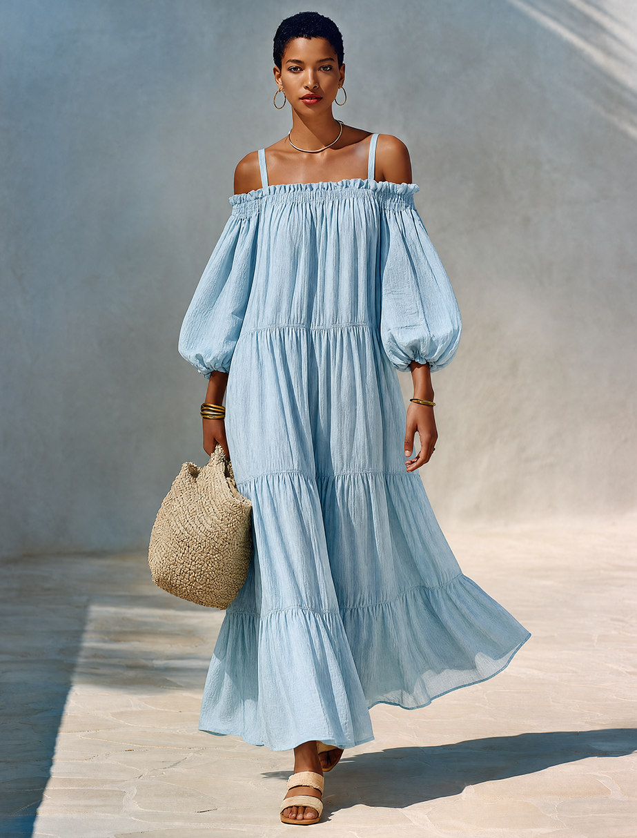 Women's Minimalist Solid Light Blue Linen Off-Shoulder Maxi Dress With Tiered Ruffles
