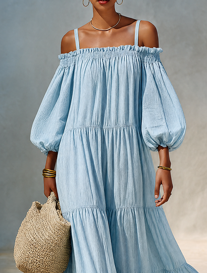 Women's Minimalist Solid Light Blue Linen Off-Shoulder Maxi Dress With Tiered Ruffles