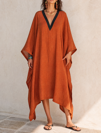 Women's Minimalist Solid Orange Linen V-Neck Midi Kaftan Dress